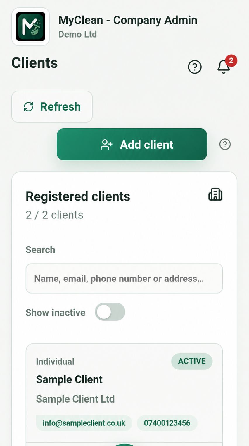 MyClean clients screen with sample client records
