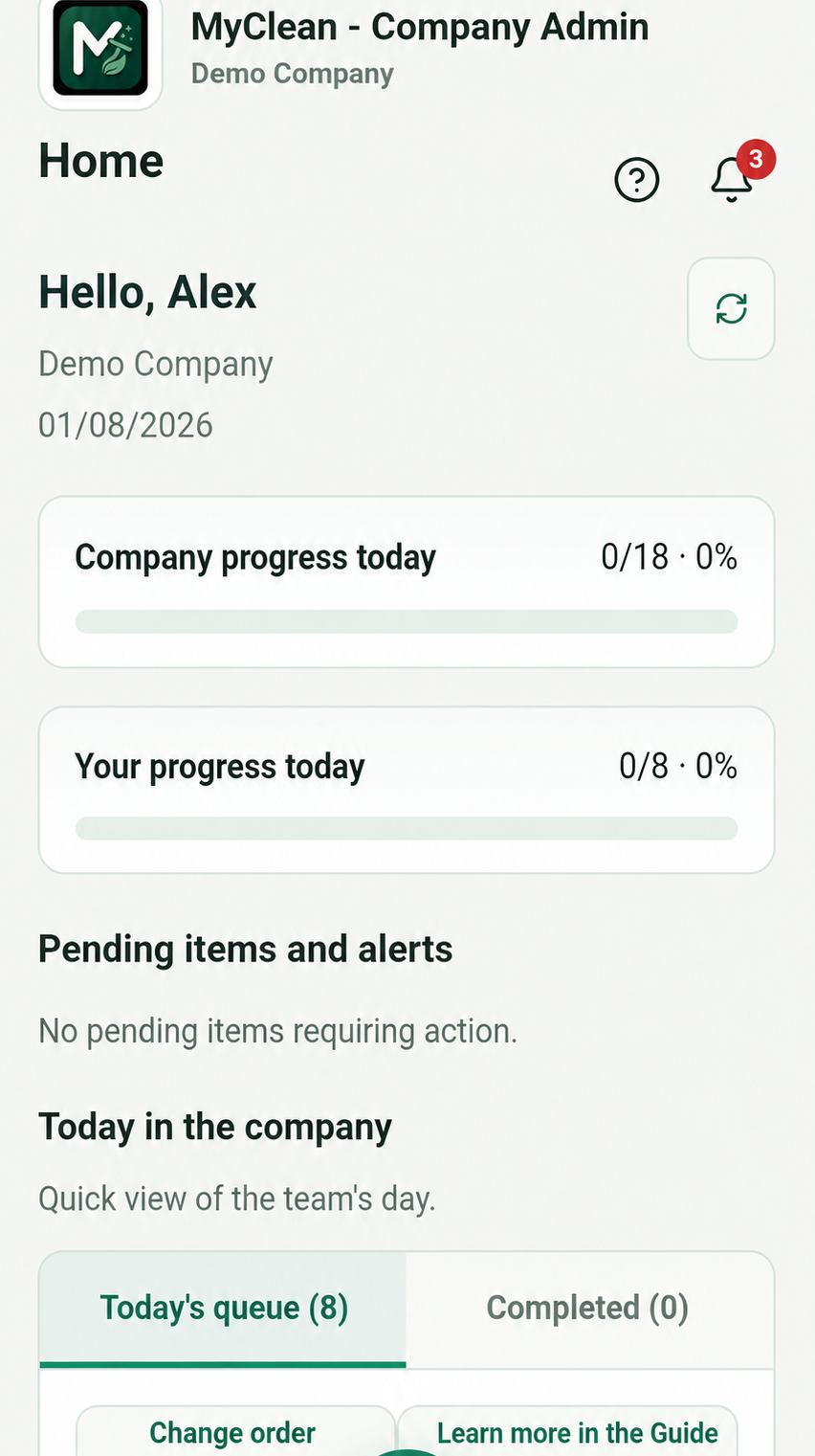 MyClean home screen showing daily progress for a cleaning company