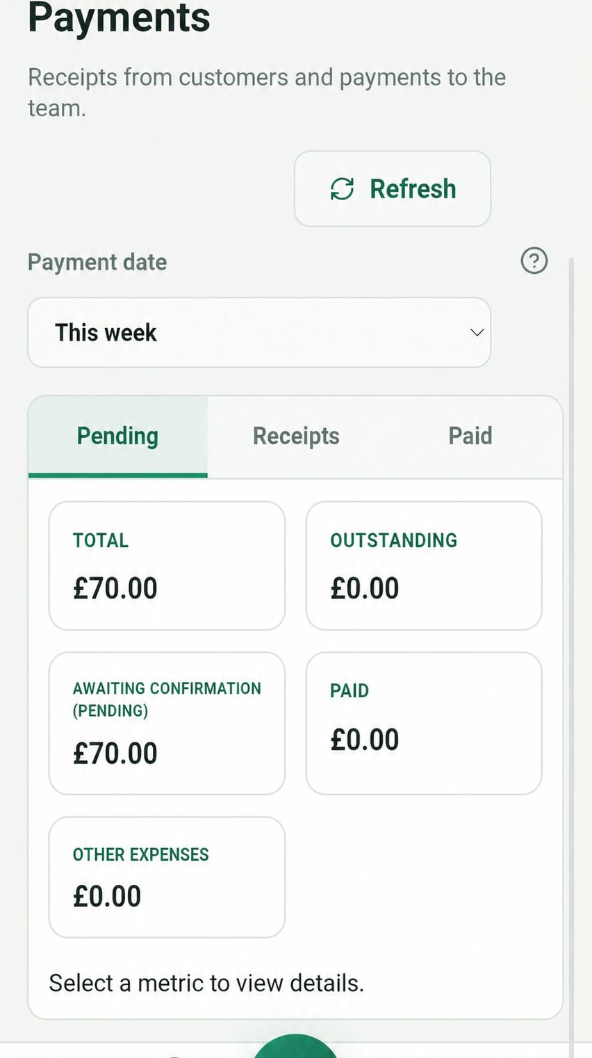 MyClean payments screen with weekly receipts